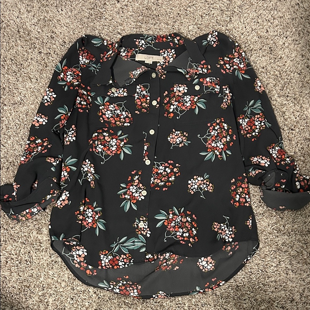 LOFT Grey Floral Button Down Shirt